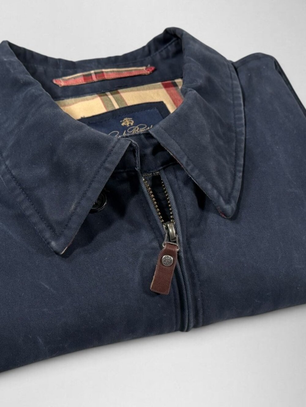 Brooks Brothers Mens XL Navy Cotton Harrington Jacket Plaid Lined Leather Trim